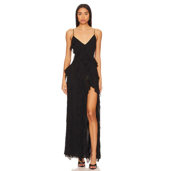 NBD Revolve Nehna Sheer Cascading Ruffle Slip Maxi Gown XS Gothic Fairy Glam - Picture 1 of 15